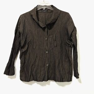 Vitamin Crinkle Top Blouse M Brown Button Front RARE Cocktail Party Designer